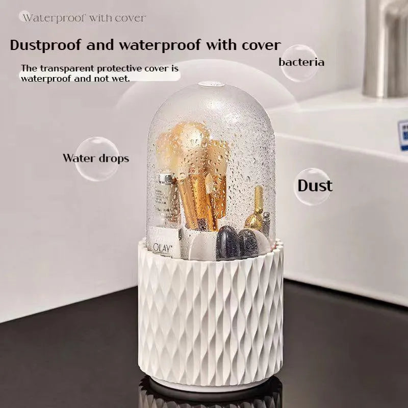 White rotating acrylic makeup brush storage box with transparent walls and dustproof lid