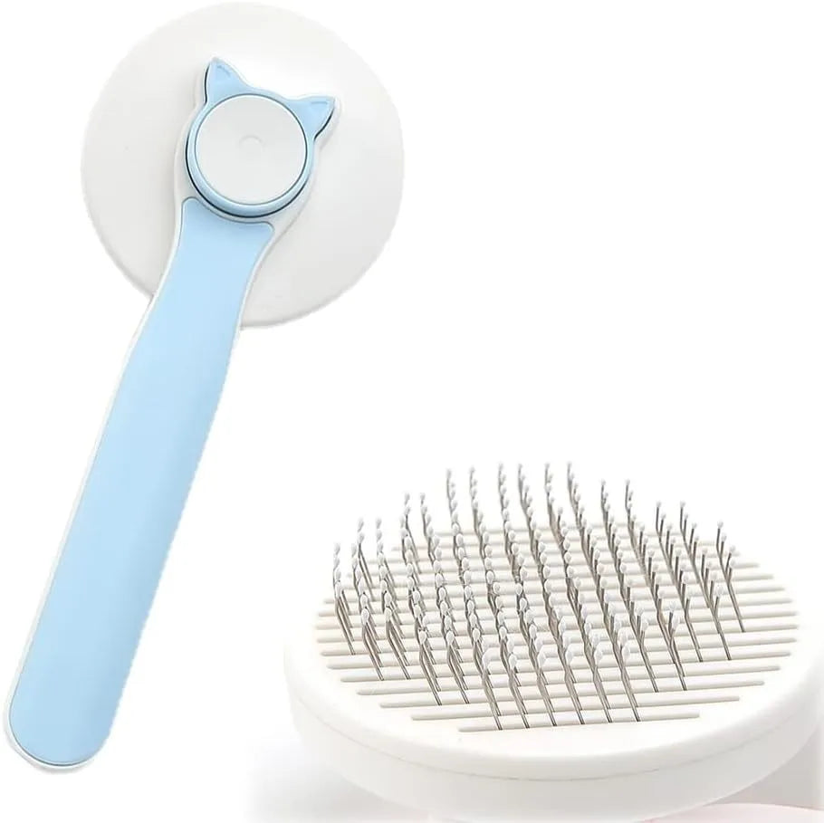 Blue self-cleaning pet grooming brush with rubber handle and metal pins with rubber tips.