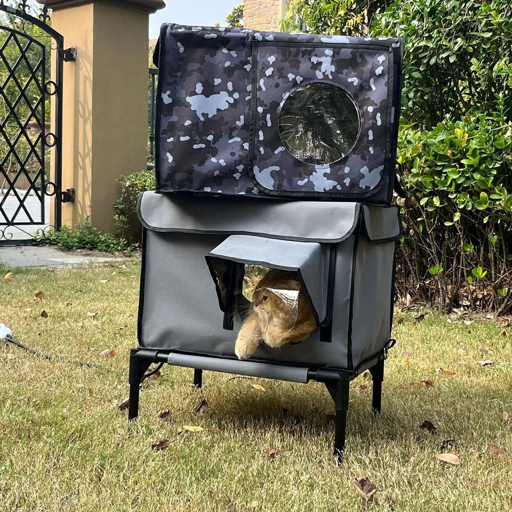 Outdoor heating insulation foldable cat nest with thermo sensitive switch in black, size M, on a floor