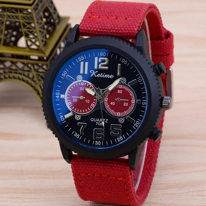 Men's fashion wristwatch with cloth band, 48mm dial, zinc alloy case, red colour