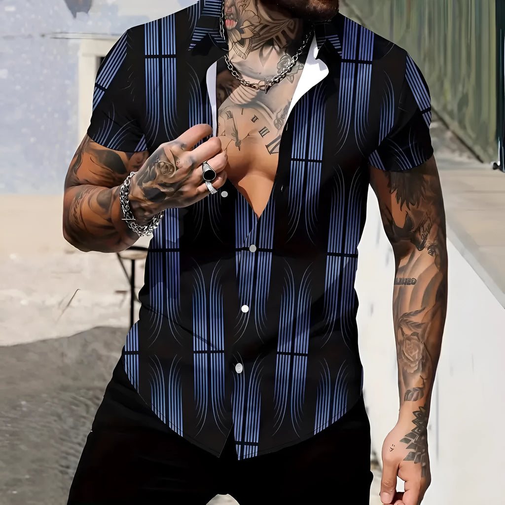 Men's slim fit geometric print lapel shirt in lightweight polyester fabric for summer casual wear