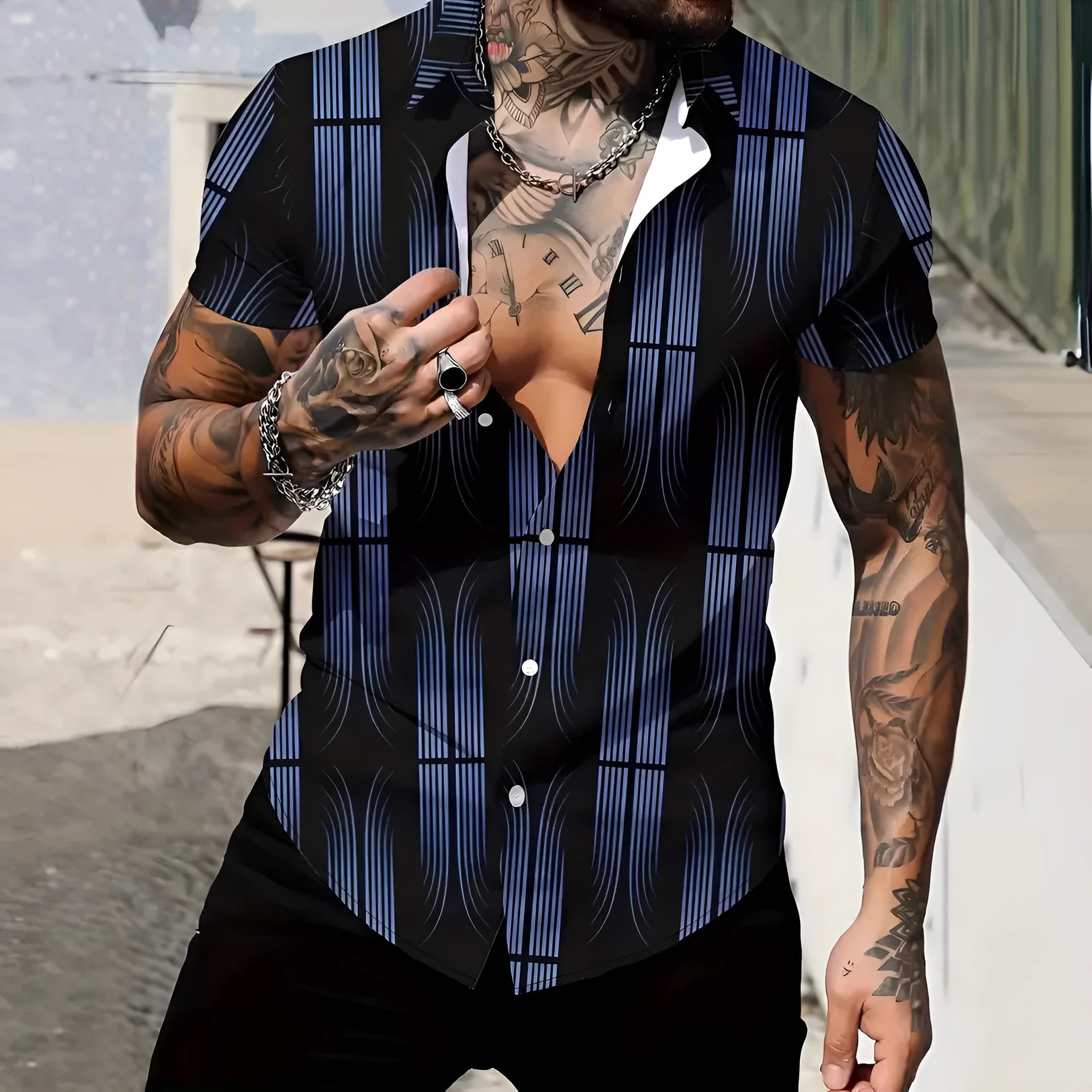 Men's slim fit geometric print lapel shirt in lightweight polyester fabric for summer casual wear