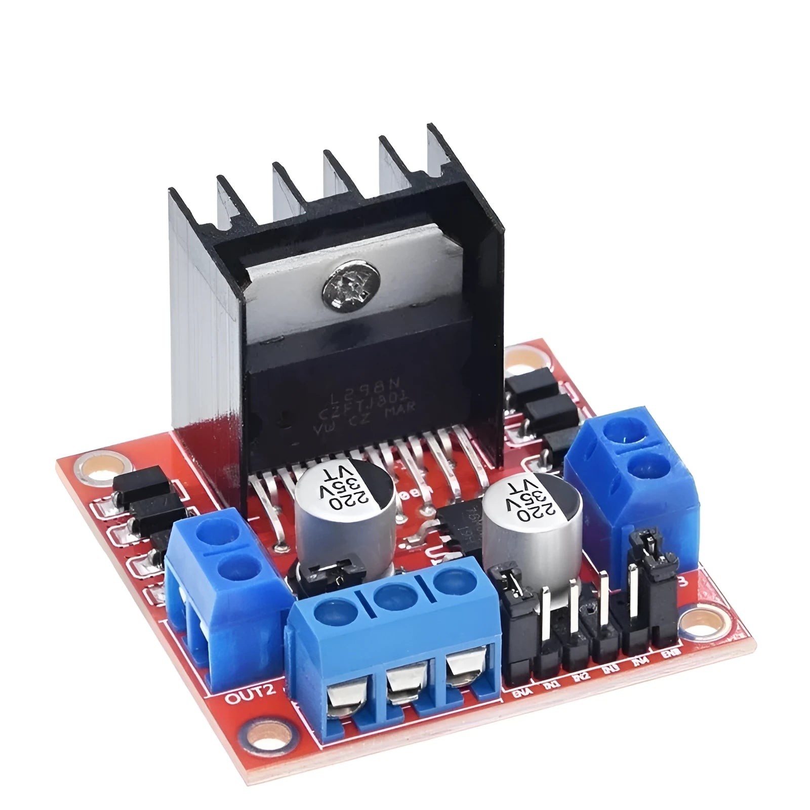 L298N dual H-bridge motor driver module with connection pins and heat sink