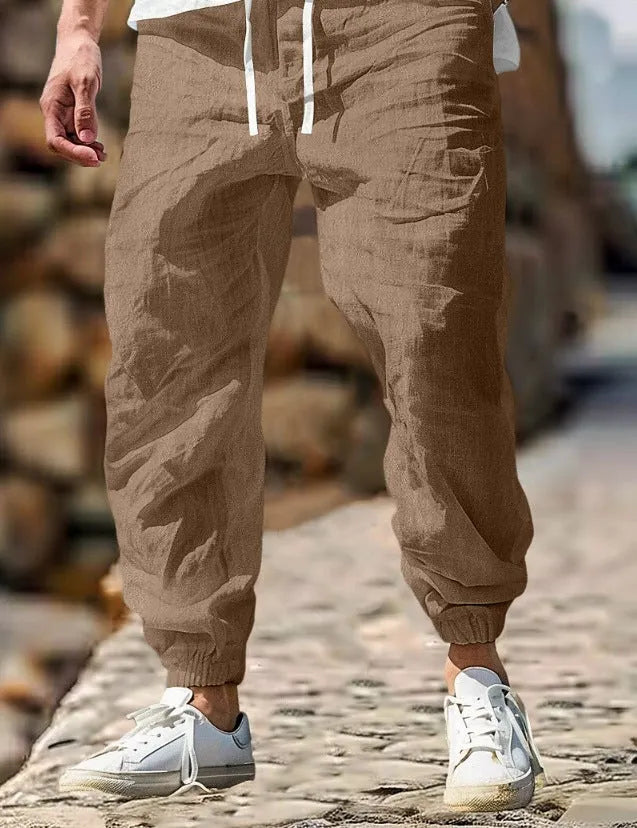 Men's straight-leg linen trousers with elastic waistband in seven summer colour options