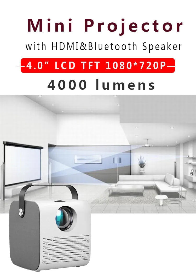 White 1080P HD portable projector with 3000 lumens, HDMI USB VGA inputs, manual focus, on a table