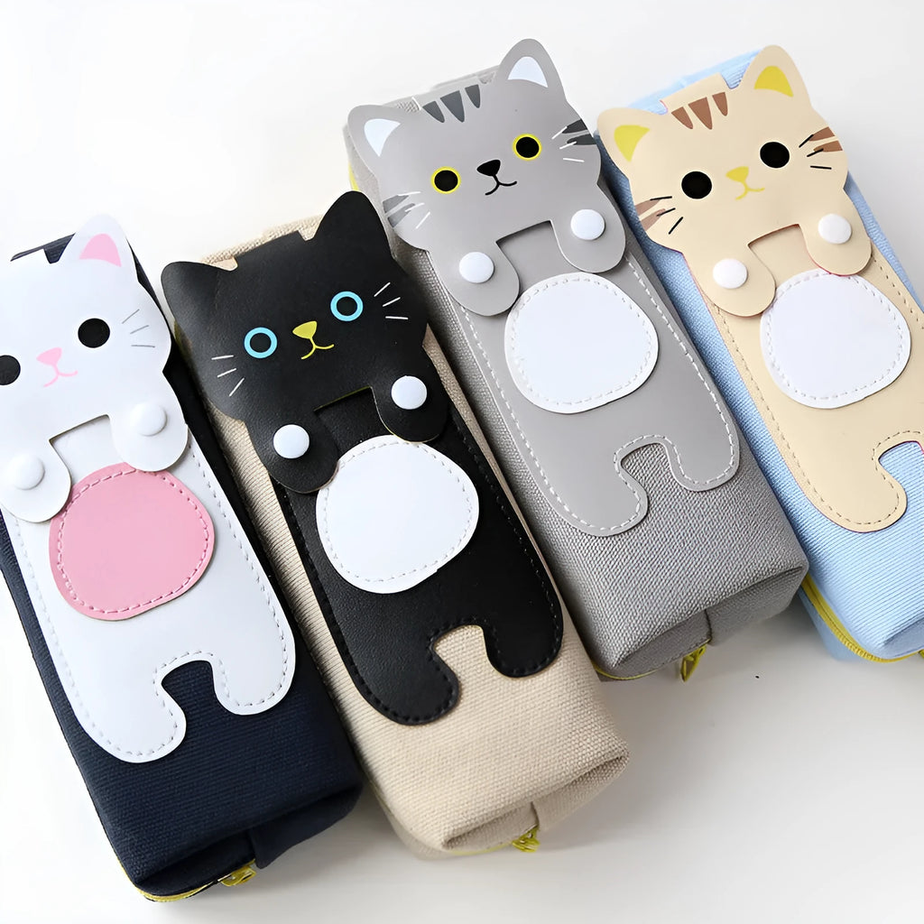 Medium square blue canvas pencil case with cat cartoon print and zipper closure