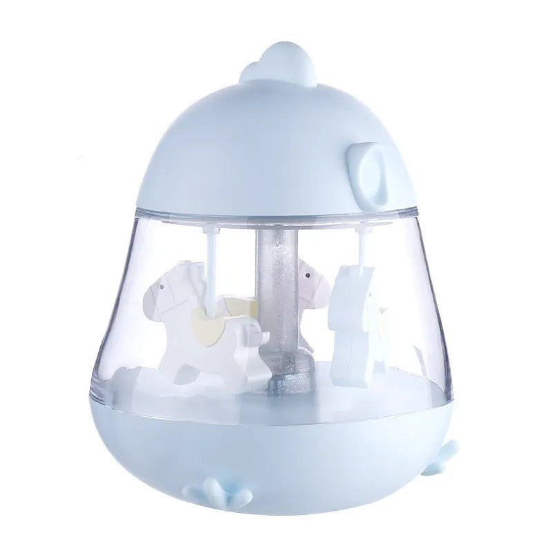 USB carousel music light with rotating Trojan, touch controls, warm yellow and colourful gradient light, in blue pink and yellow options