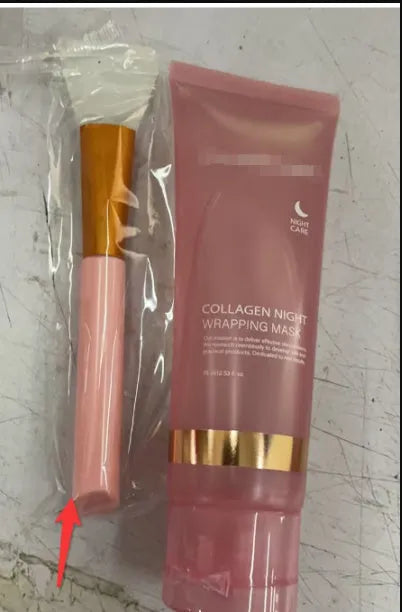 75ml bottle of collagen night face mask with an application brush on a white background.