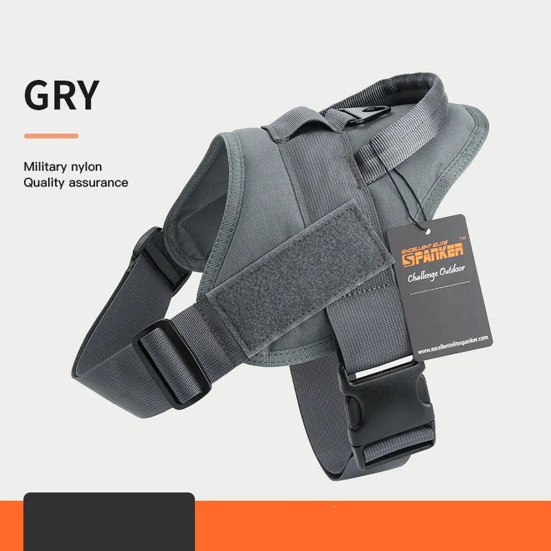 1050D nylon large medium dog harness with UTX buckle and military webbing on grey background