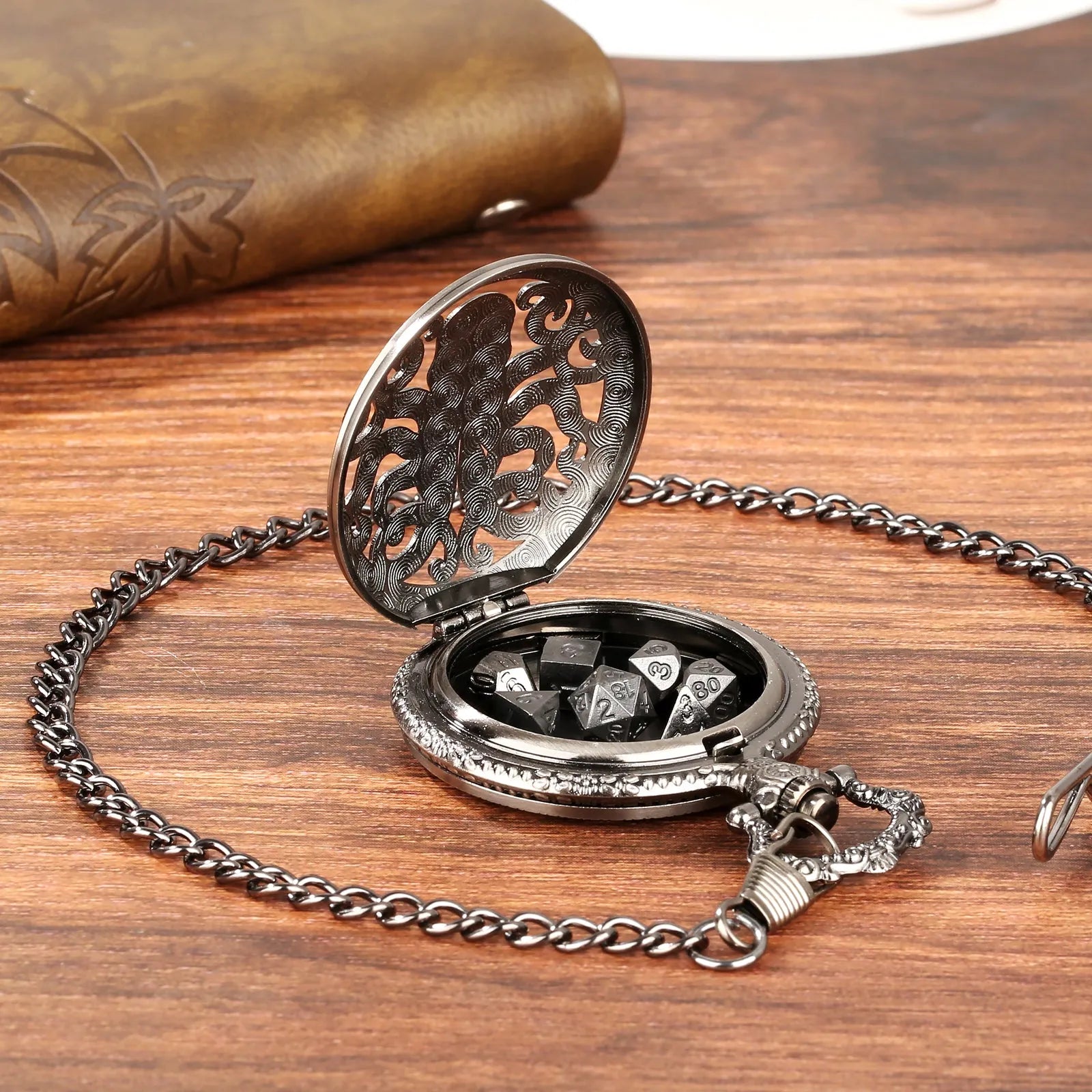 Thick chain octopus symmetrical pocket watch dice set in bronze with seven mini metal polyhedral dice inside