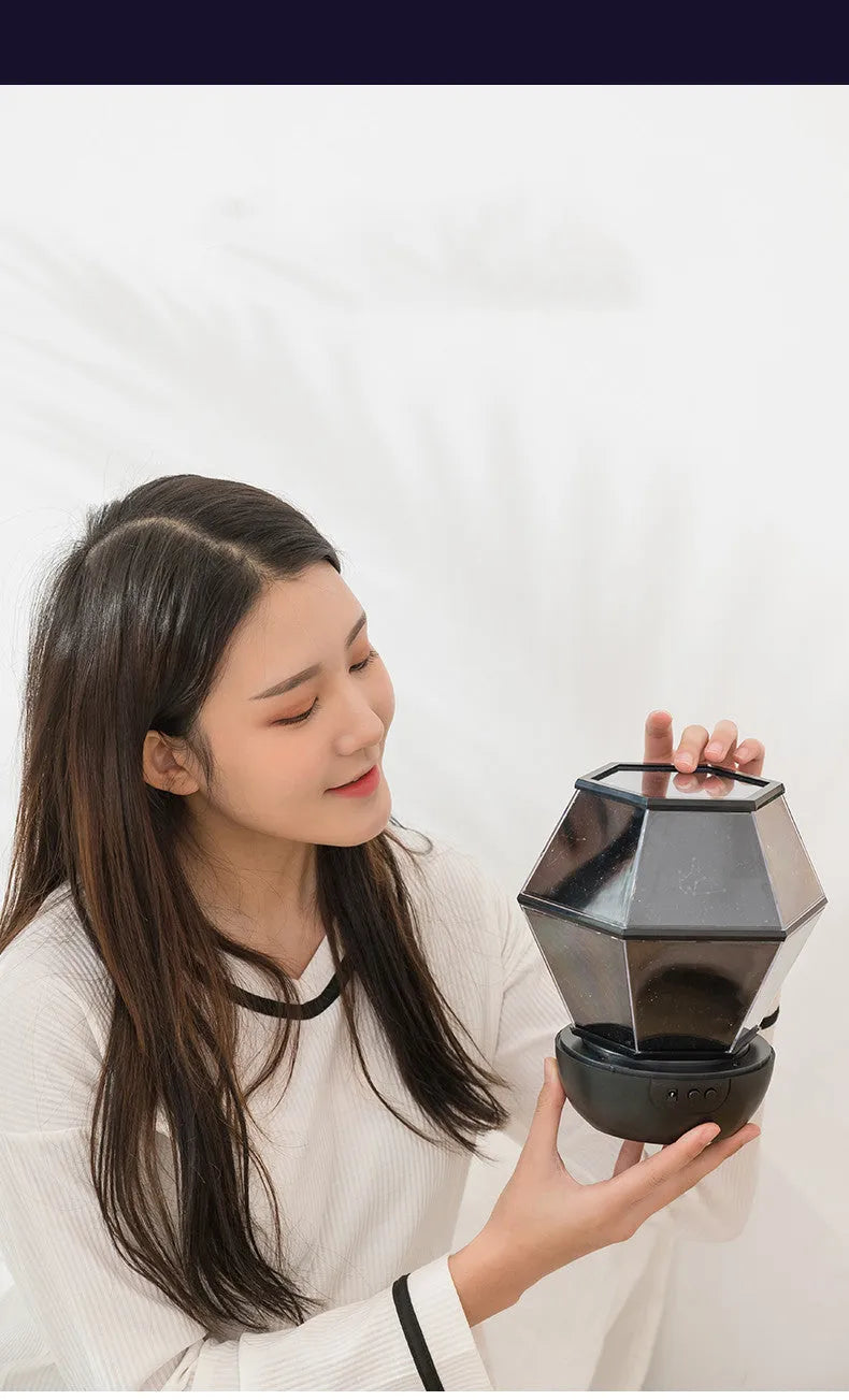 Children's rotating stars LED night light showing static and rotating three-colour mode options