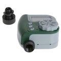 Green garden irrigation controller with LCD display and rotary dial for automatic hose timer