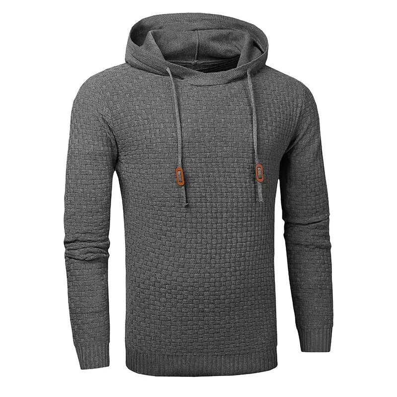 Men's black cotton-polyester blend hooded sweatshirt on a hanger, showcasing the front hood and kangaroo pocket.
