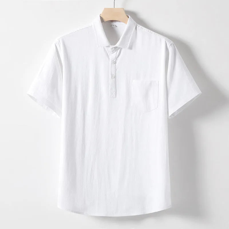 Men's loose lapel linen T-shirt in hemp blend fabric, shown in optic linen colour.