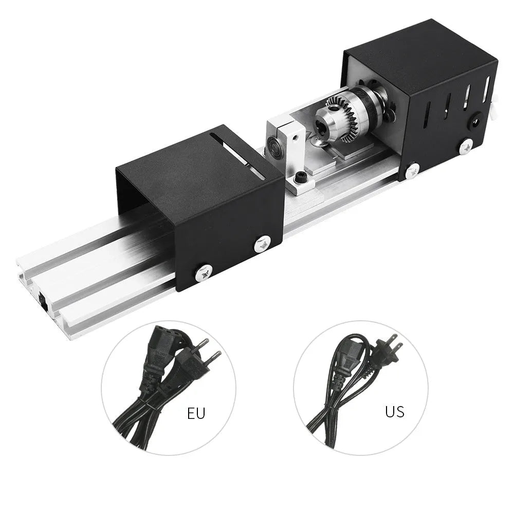 Compact metal mini woodworking lathe with carving knives on workbench