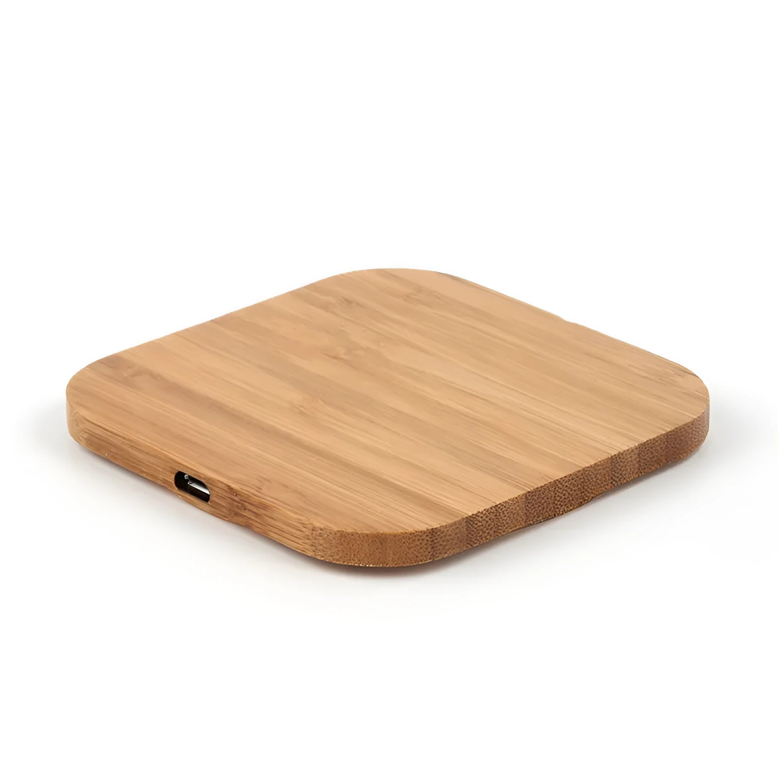 Square wooden bamboo 5W Qi wireless charging pad for smartphones on a table.