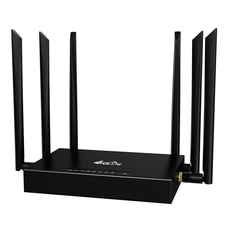 Industrial iron box 4G router with power adapter on a table, showing compact size and DC power port.