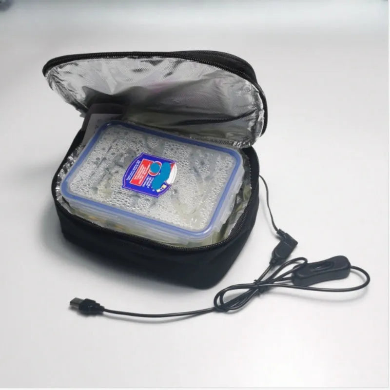 USB heating lunch bag in black Oxford cloth with power cord and thermal interior