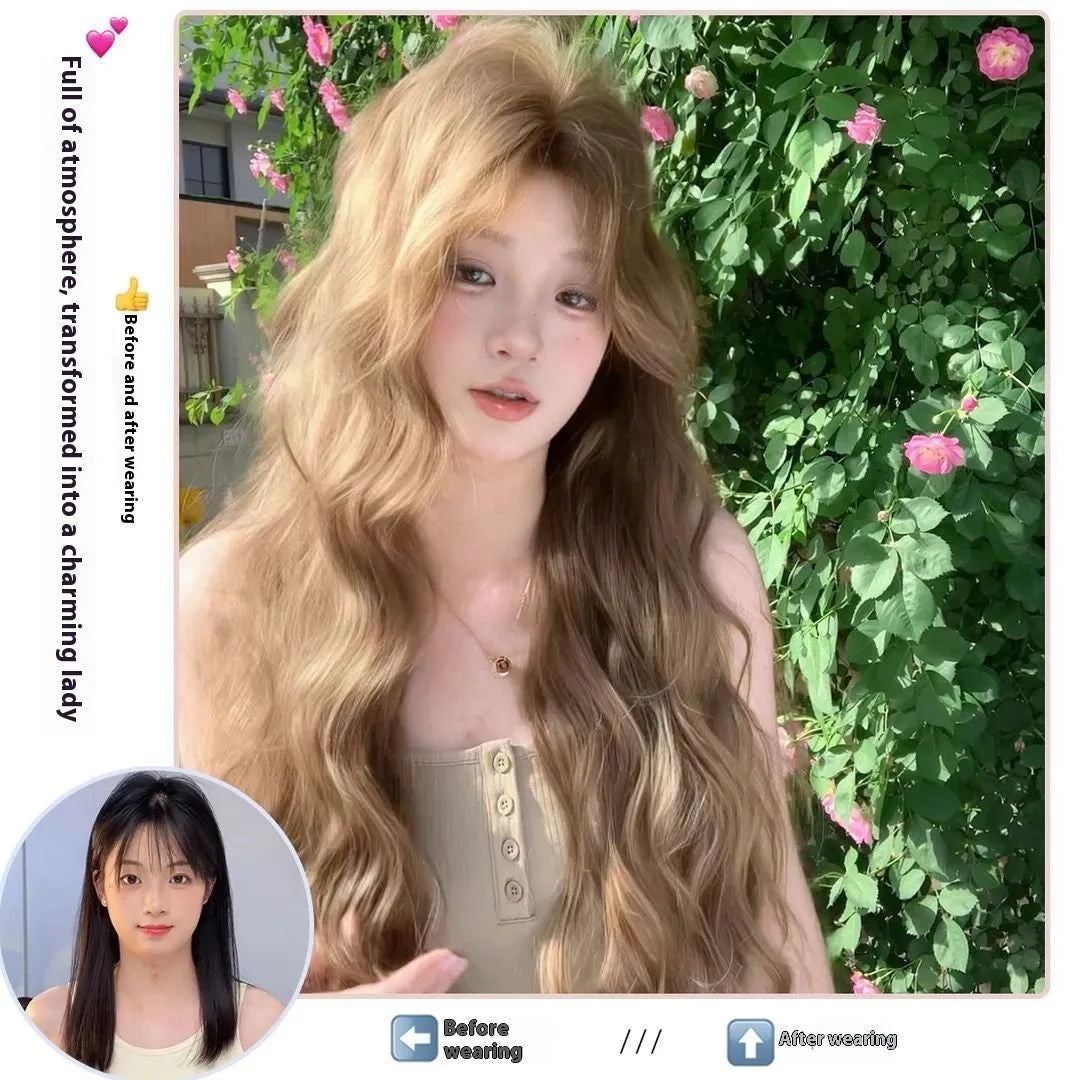 Linen brown medium length curly synthetic wig with hair net on display