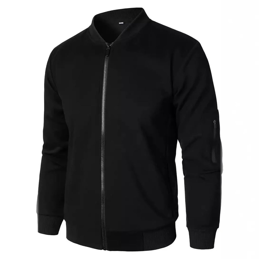 Men's loose fit cotton knitted jacket with long sleeves in grey, blue, and black.
