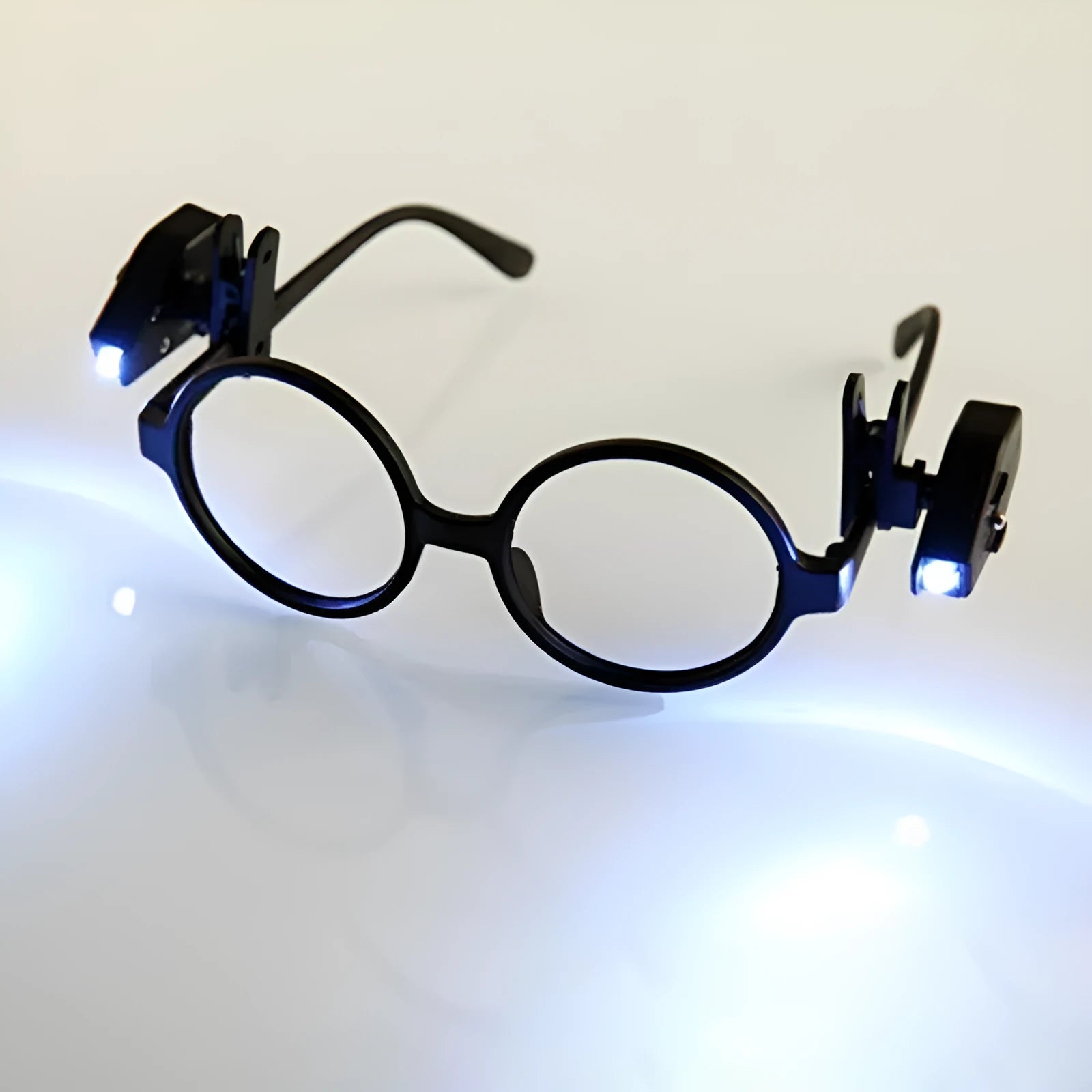 Mini LED flashlight glasses light with black clip and 360-degree rotating head attached to glasses