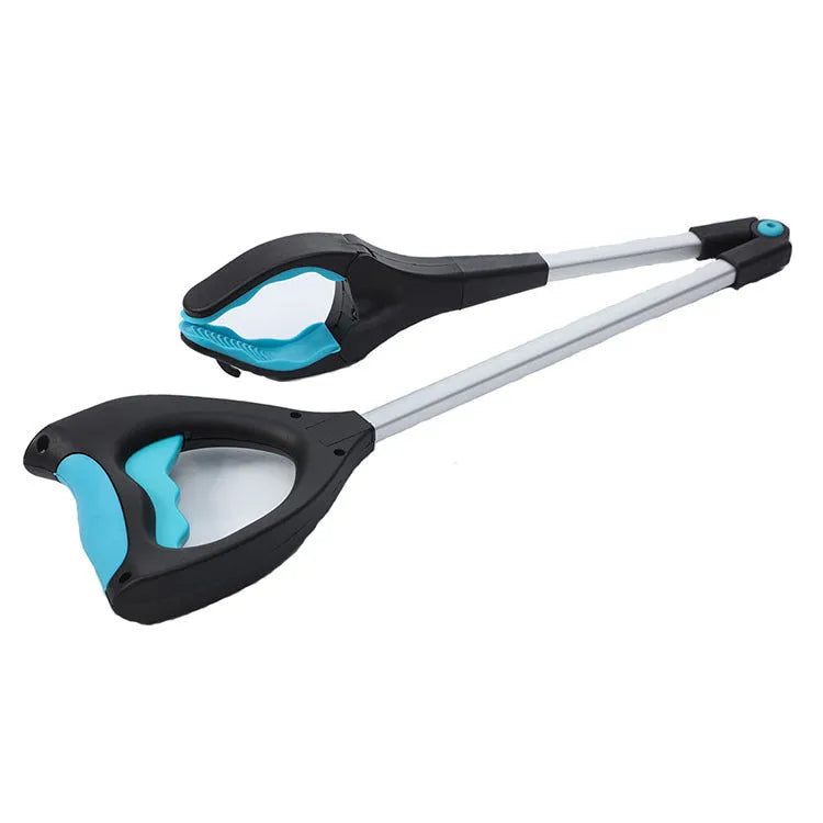 Blue foldable aluminium walking stick with a TPR foam grip, shown both extended and folded.