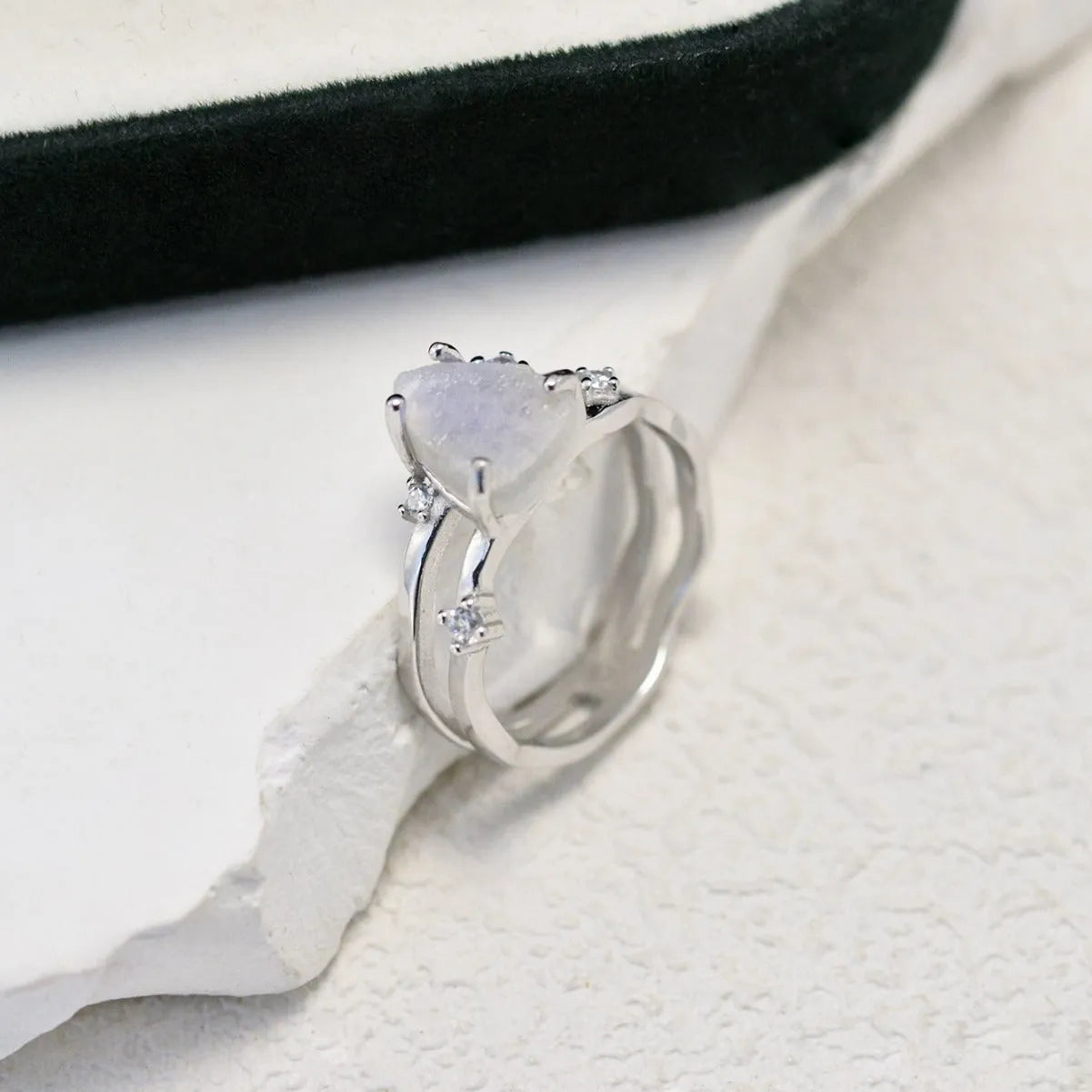 S925 sterling silver geometric triangle moonstone ring in rose gold, white gold, and yellow gold plating.