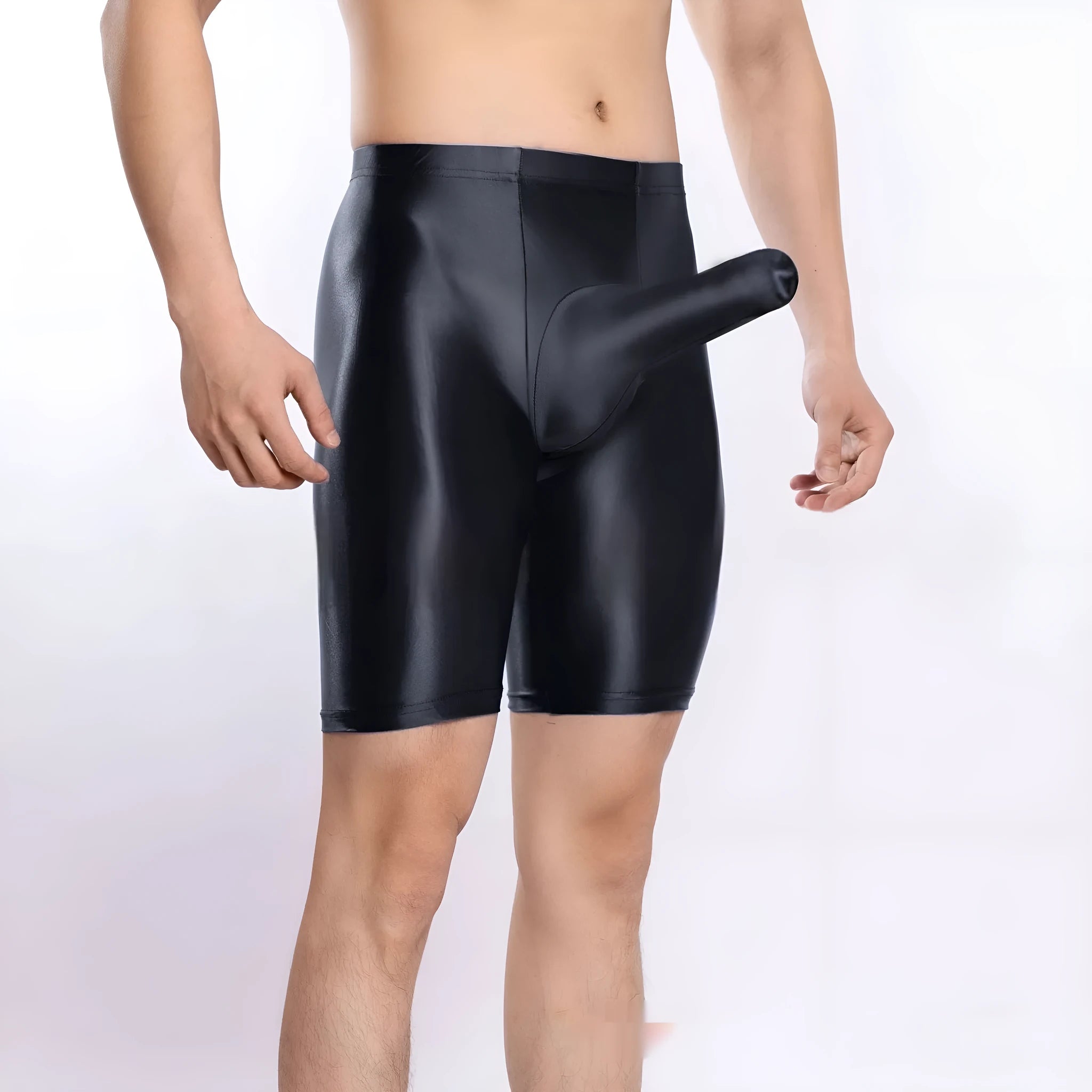 Plus size men's shiny silky nylon sports shorts shown in multiple colours including black, red, and fluorescent green