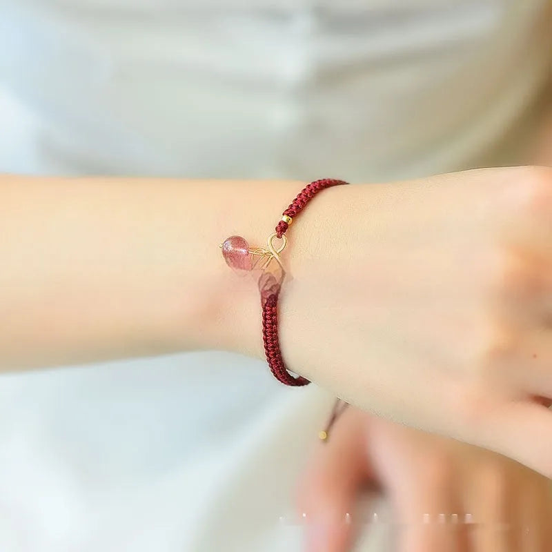 Women's adjustable natural strawberry quartz cherry bracelet with crystal beads and silver-tone magnetic clasp.