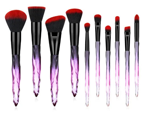 Set of 10 clear crystal diamond foundation brushes with synthetic bristles in a choice of handle colours.