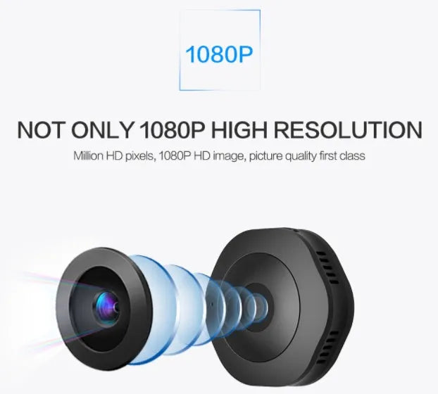 Mini round 1080P body camera with motion detection and Micro SD support, shown on a surface with magnetic pad