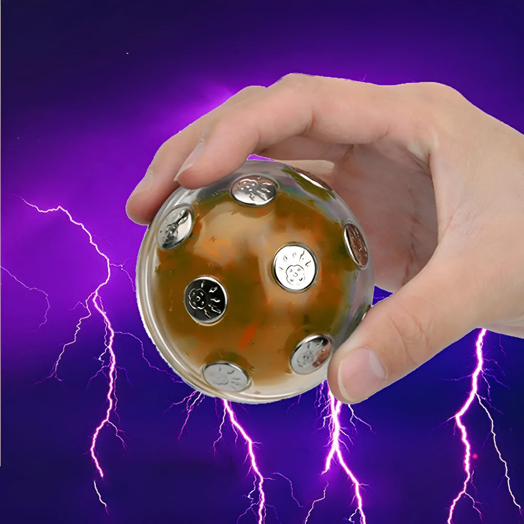 Gold electronic shocking ball toy with red and blue LED lights for young people