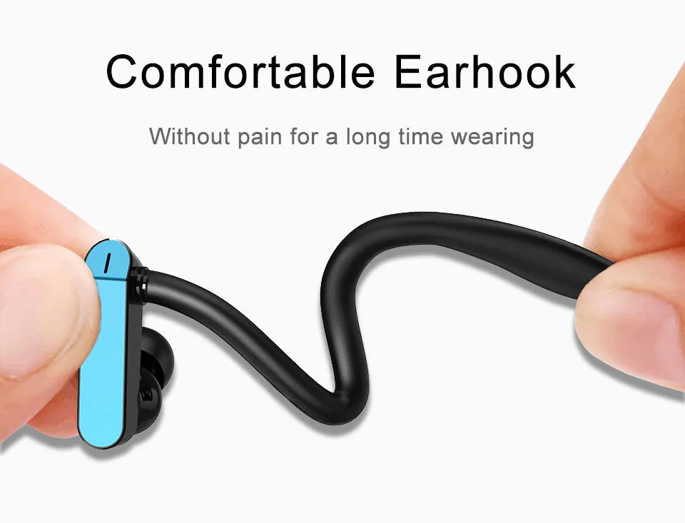 Sport running ear hook earbuds with microphone in black blue colour, showing flexible over-ear hook design.