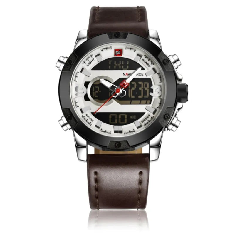 Men's leather digital army military sport watch with 46.5mm round alloy case and pin buckle