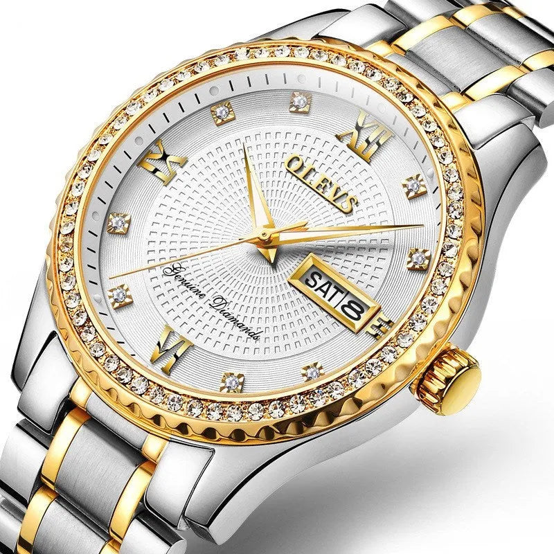 Men's 40mm quartz watch with luminous display, calendar, week indicator, stainless steel strap, round alloy case