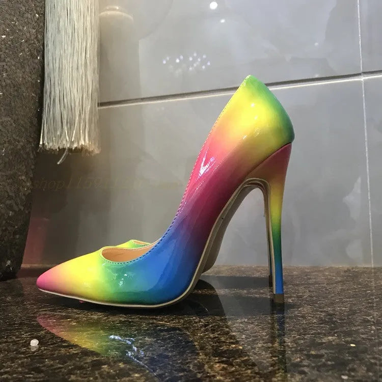 Rainbow patent leather super high heels with pointed toe and thin 10cm or 12cm heel options