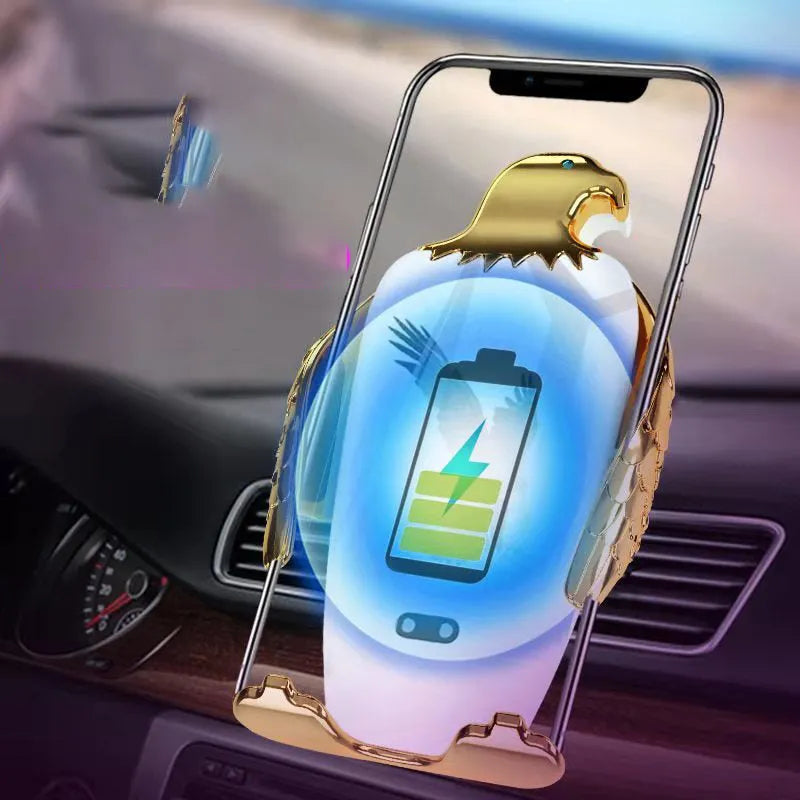 Wireless charging car phone holder with suction cup mount in black and gold colours