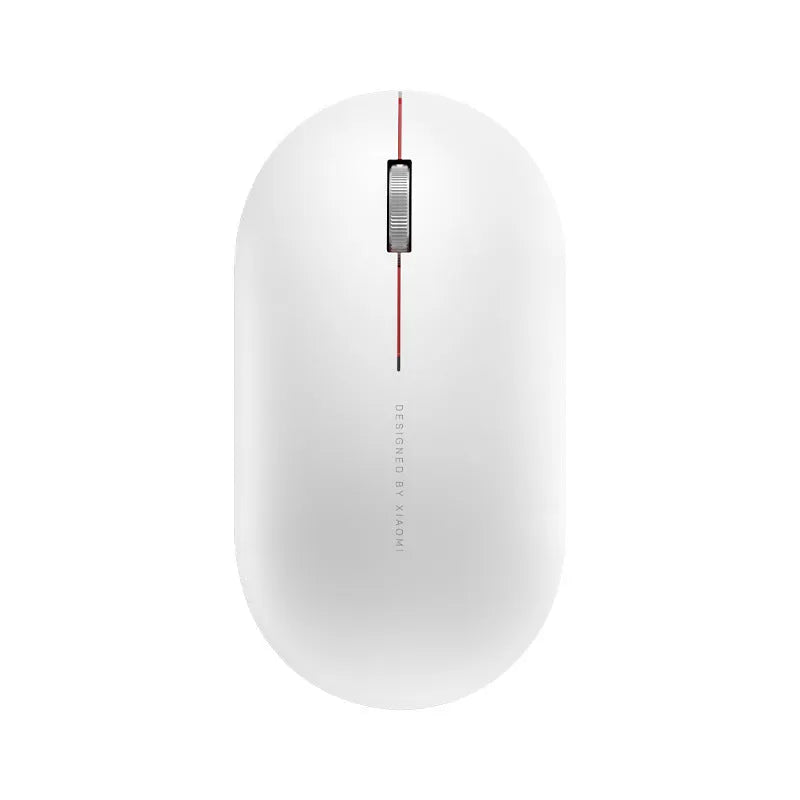 Ultra-thin grey wireless mouse with touch wheel and two buttons on plain background