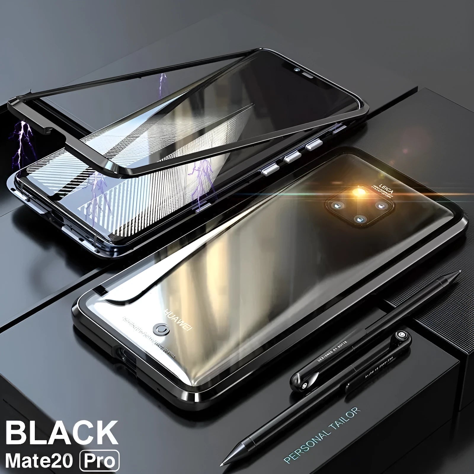 Magnetic Huawei phone case with metal frame and clear tempered glass back