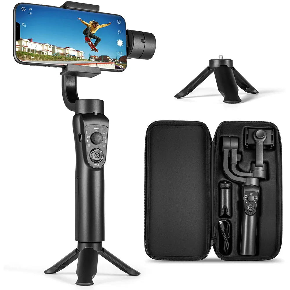 Black three-axis handheld mobile phone gimbal stabilizer with compact design