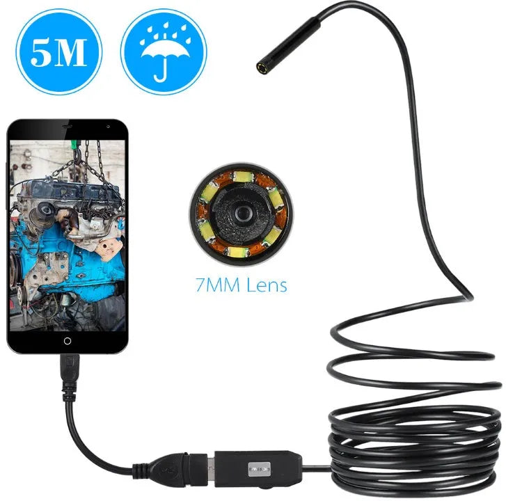 OWSOO USB endoscope camera with 5m cable, 7mm lens, LED lights, hook, magnet, and mirror attachments