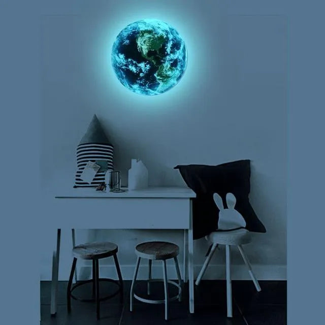 Glow in dark 3D Earth wall sticker showing luminous planet design on wall with astronomy theme