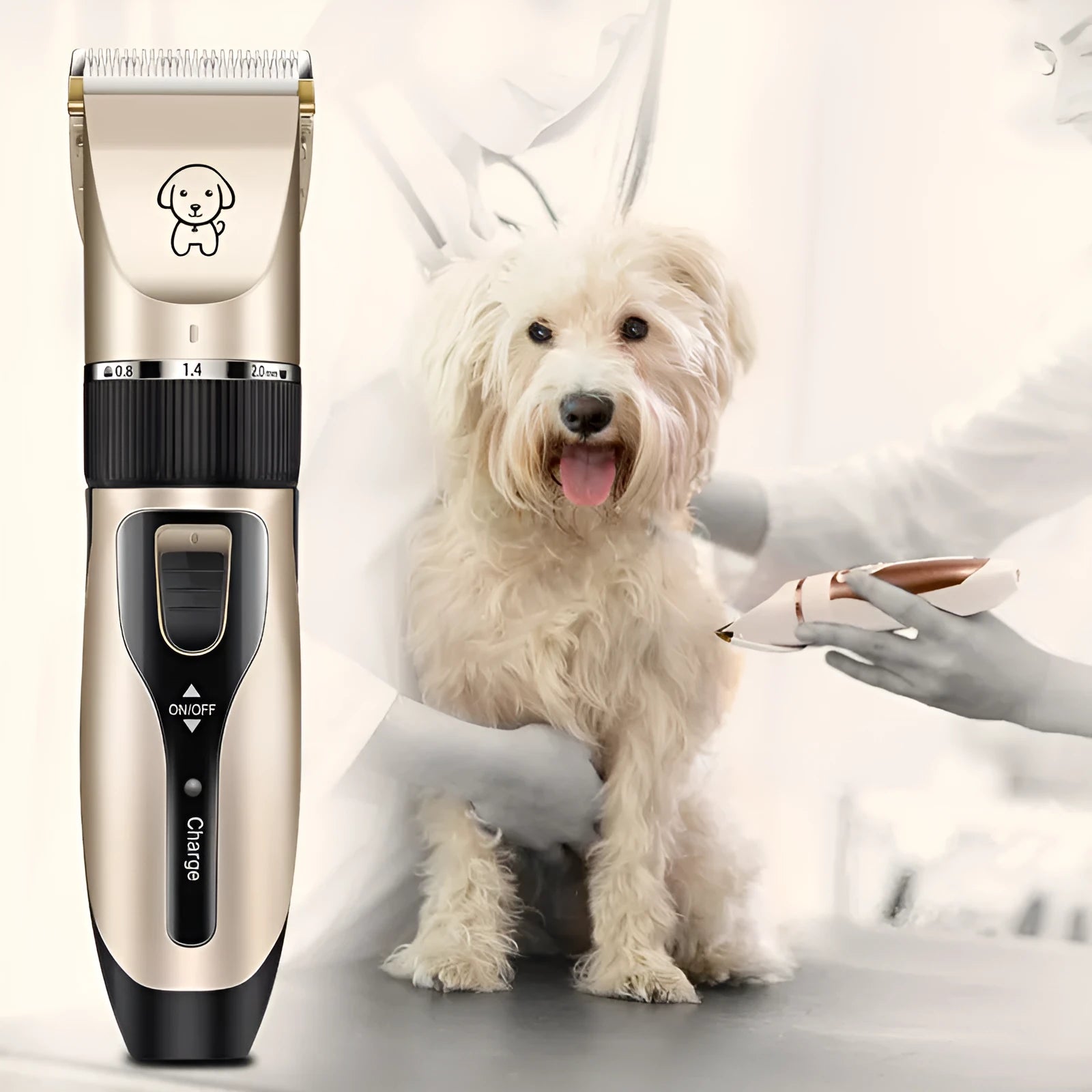 Compact dog shaver with titanium ceramic blade and charging cable on a white background