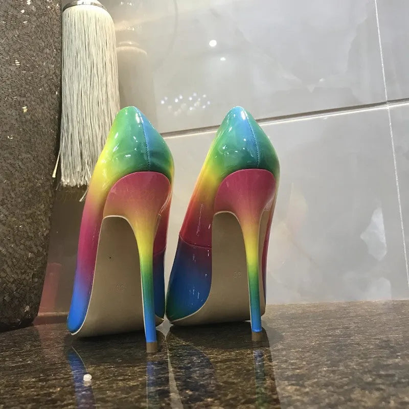 Rainbow patent leather super high heels with pointed toe and thin 10cm or 12cm heel options