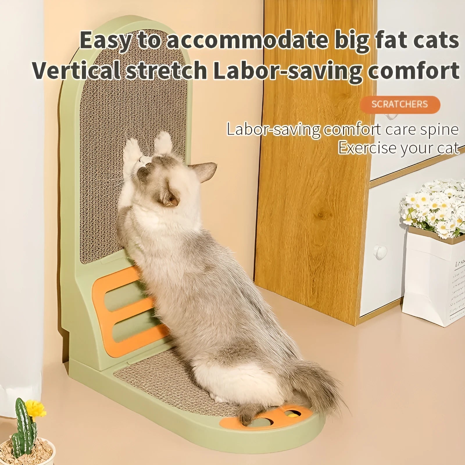 L-shaped vertical cat scratching board in grey, green, or white, showing thickened scratching surface.