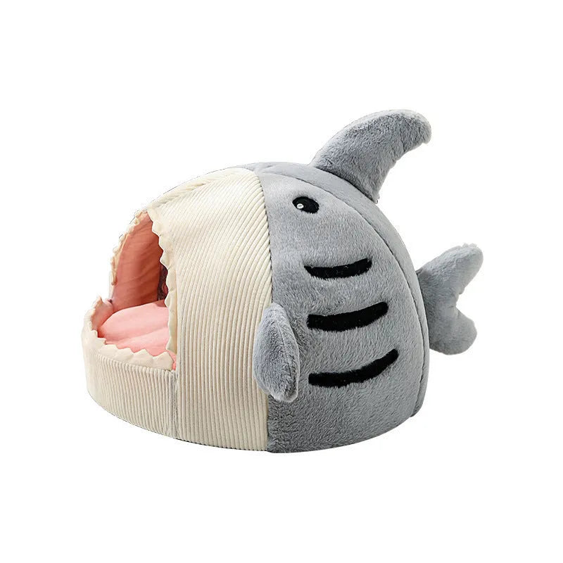 Warm shark yurt kennel for dogs and cats, semi-closed design, rabbit-hair fabric, beige stripe, available in blue or grey sizes S M L