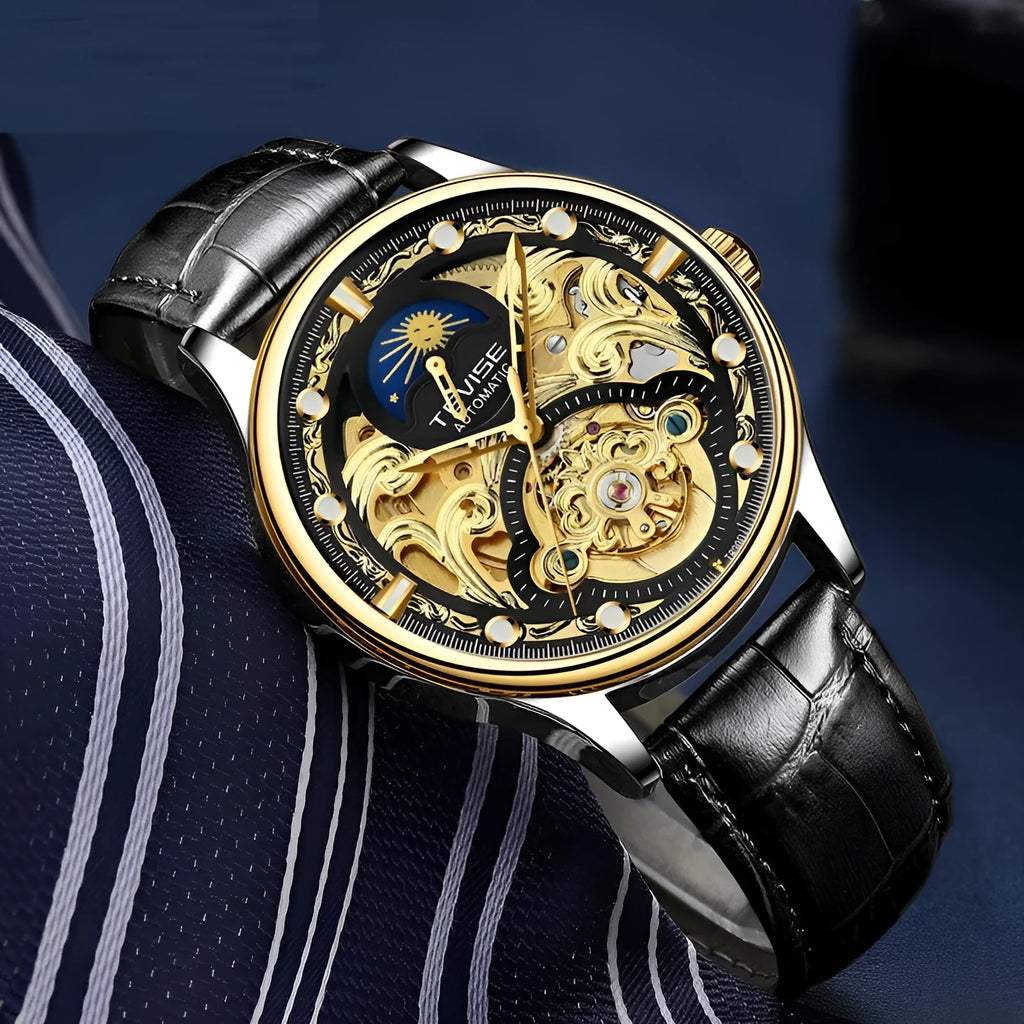Men's gold leather strap automatic waterproof watch with 16mm thick case