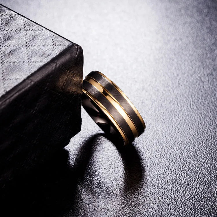 Titanium steel electroplated men's wedding band ring, silver grey finish, available in sizes 7 to 11, on white background.