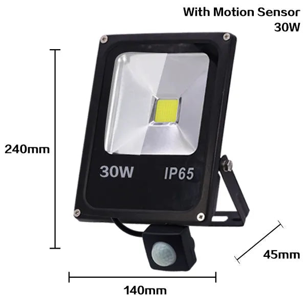 Motion sensor LED flood light with aluminium brushed stainless finish, IP65 waterproof, outdoor wall mounted 50W or 30W