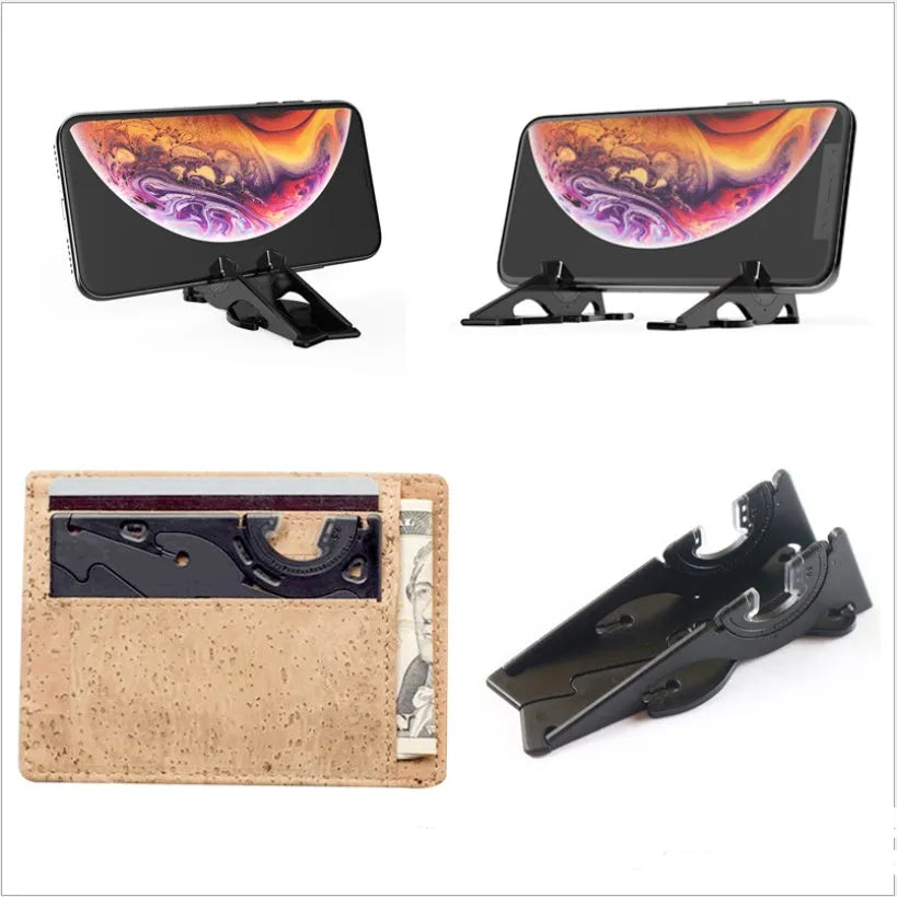 Plastic card type mobile phone holder with lazy bracket in six colour options on desktop
